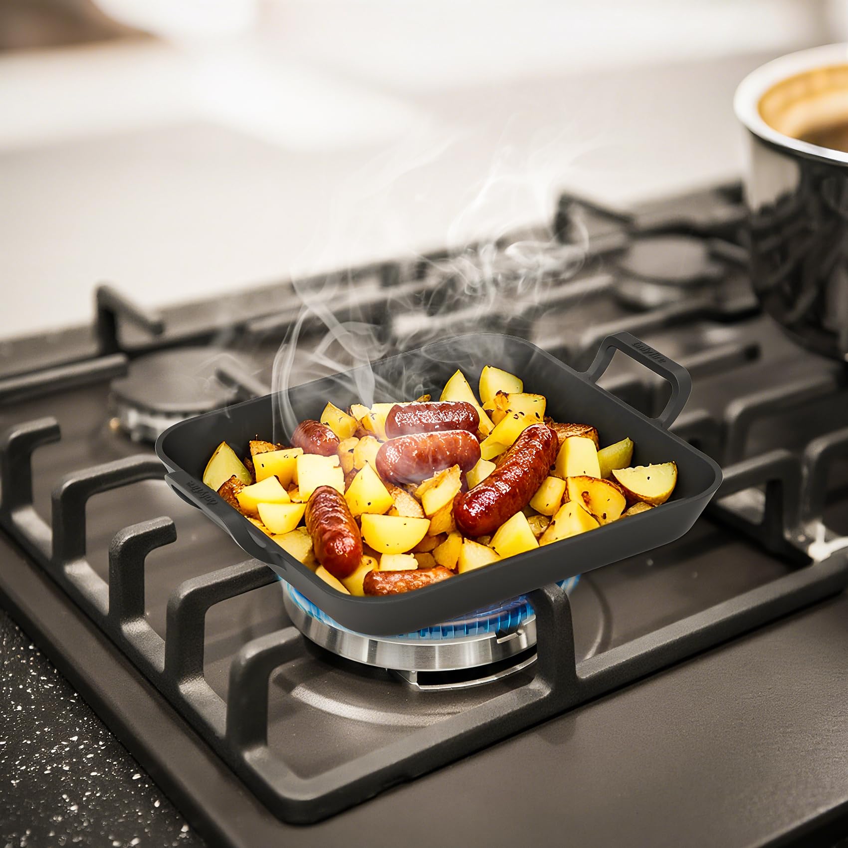 onlyfire Poêle en Fonte avec Poignée pour Barbecue, 31.5 x 31.5 cm, Plaque de Cussion pour BBQ, Poêles Gril Carrée, Accessoire pour Barbecue a Gaz, Charbon et Four