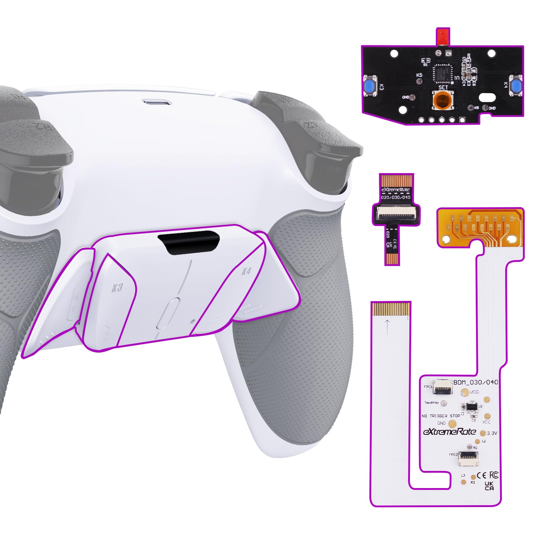 eXtremeRate RISE4 V3 Remap Kit pour ps5 Manette BDM-030/040/050, Coque Arrière Redessinée avec 4 Palette pour ps5 Controller BDM-030/040/050, Carte améliorée, Blanche