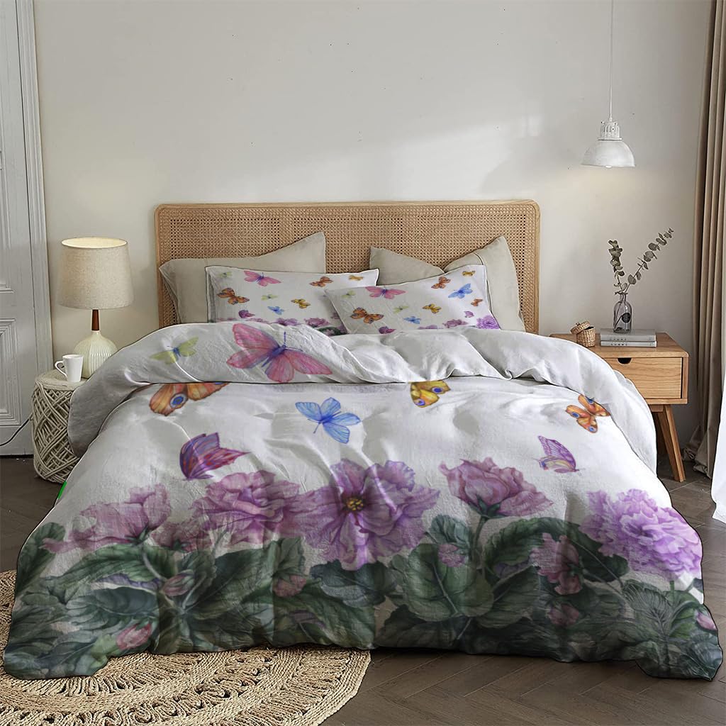 NIBAINLO 布団カバー美しいアフリカバイオレットの花と舞い飛ぶ蝶 肌に優しい ピーチスキン加工 掛け布団カバー 和式 洋式 あったか 布団カバーセット リバーシブル ホームステイ ホテル 家庭兼用