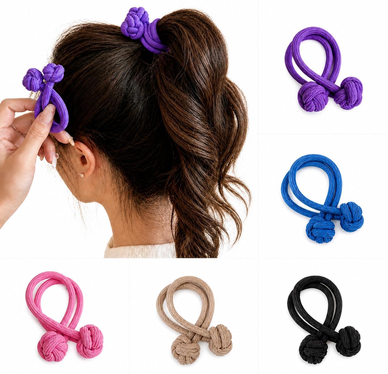 Knotted Hair Ties, Elastic Ponytail Holders, Multi-Color Pack, 5 Pieces.Multi color-image-45