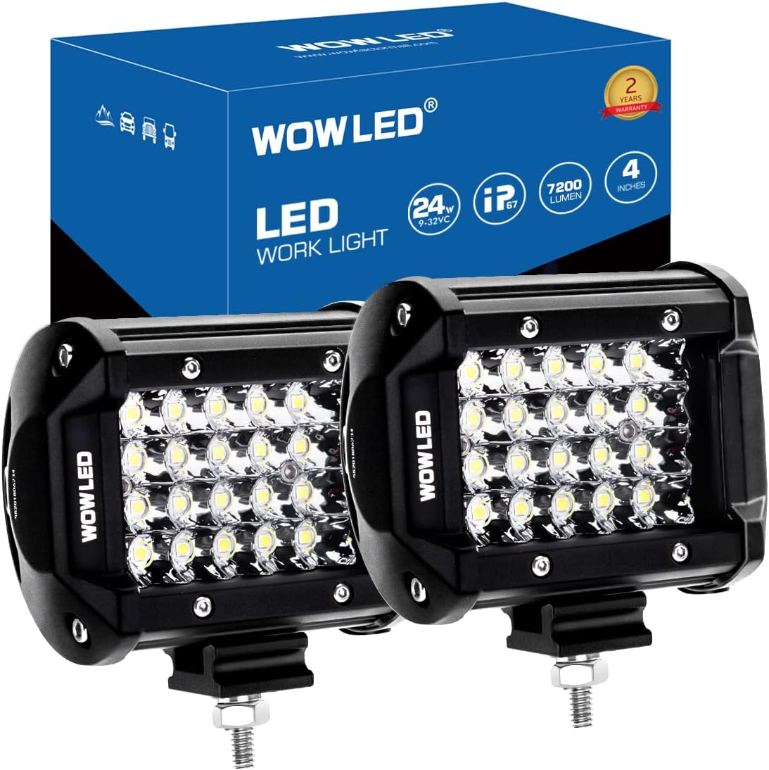 Offroad 4 Inch Quad Row LED Pods 2 Pack, 7200LM Spot Beam 4 Rows LED Light Bar Off Road Work Light Driving Fog Lamps Car ATV UTE Truck Bar Lamp Camp Light 12V 24V DC 4X4