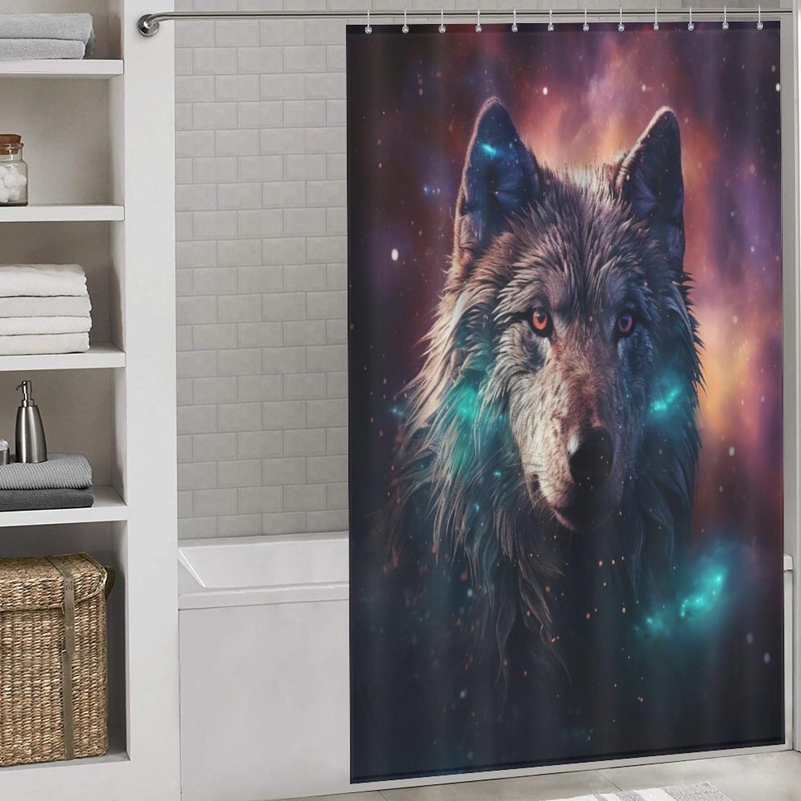 Rideau de douche loup imperméable et anti-moisissure en textile lavable 140x183cm