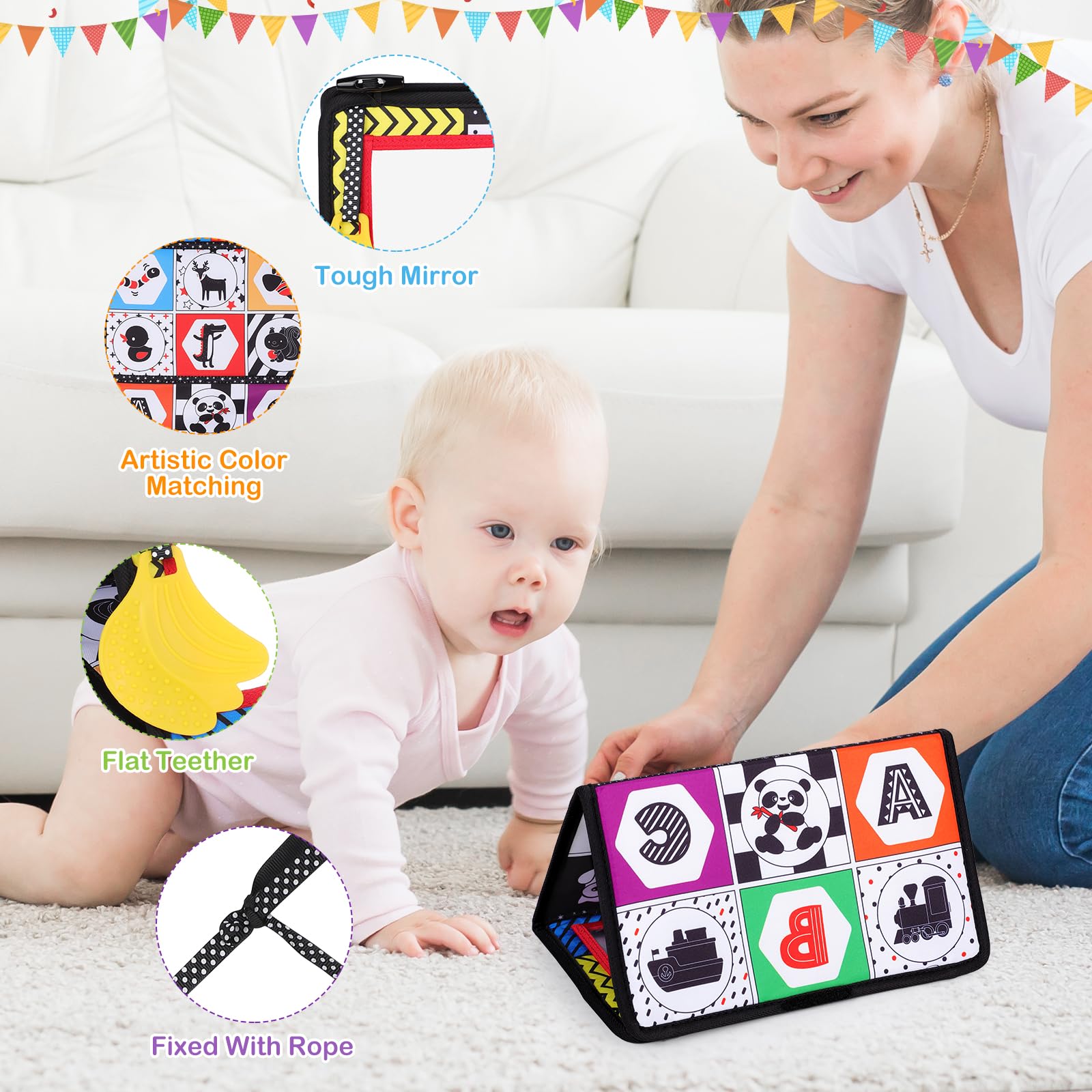 Livre Bébé Éveil 0-12 Mois Sarsumir - Jouet Sensoriel Avec Miroir Pliable Noir Et Blanc