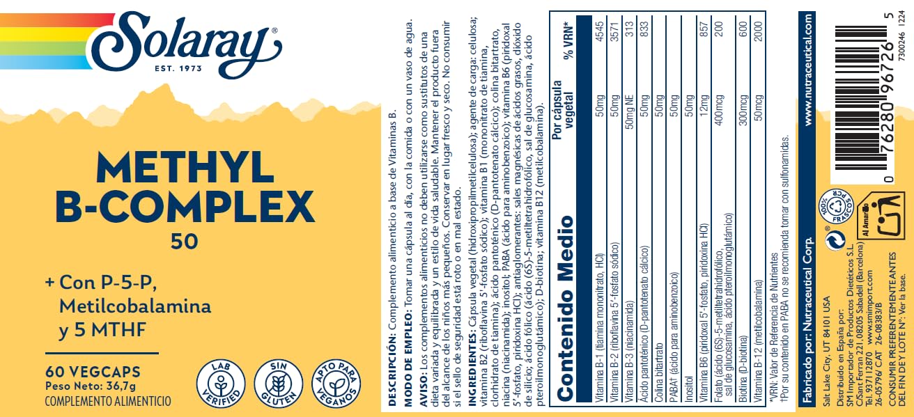 SOLARAY®. Methyl B complex 60VegCaps. Sin gluten. Apto parta veganos.