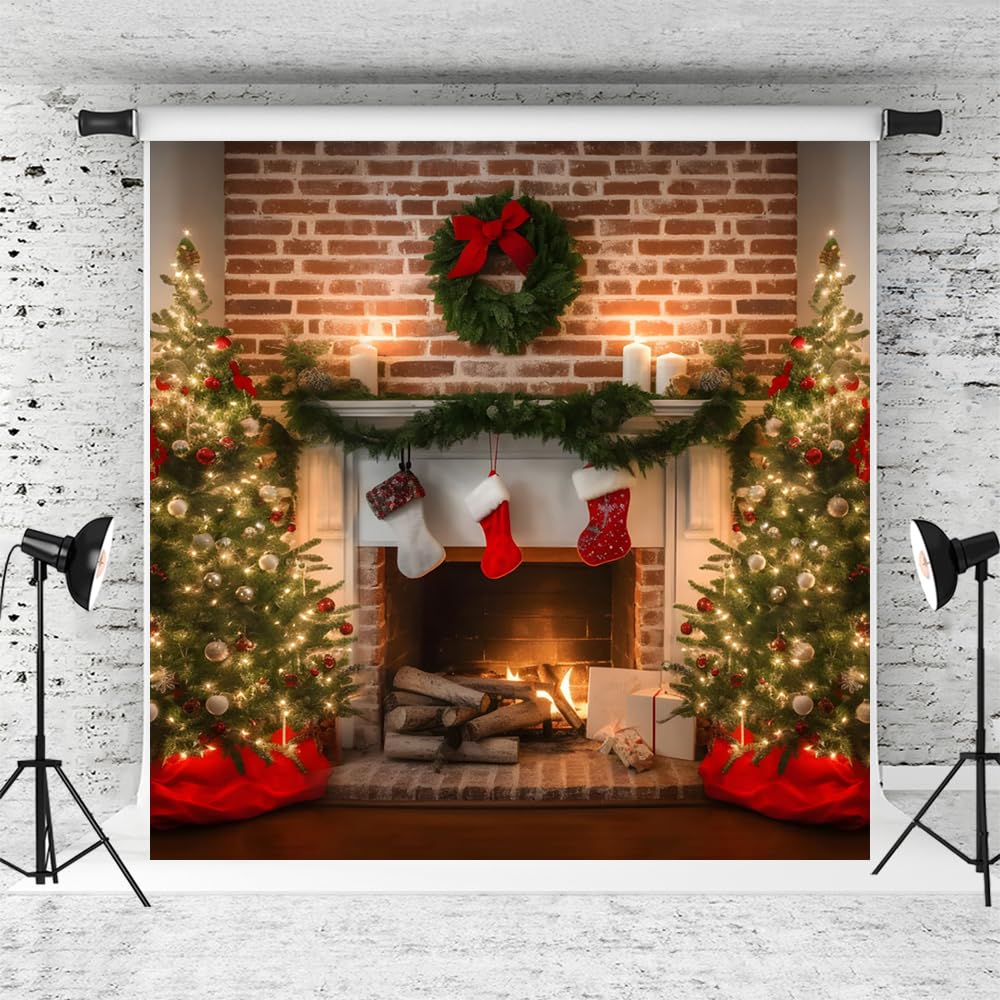 Lightning Deal Kate Christmas Fireplace Tree Wreath Green Retro Wall Backdrop Designed by Emetselch, Fleece / 12x8ft(3.6x2.4m