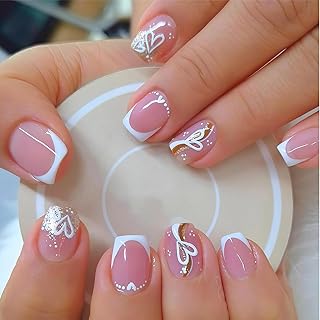 Falsenails, 24Pcs fingernägel zum aufkleben press on nails french square mit herz design, kunstnägel gelnägel zum aufkleben glossy