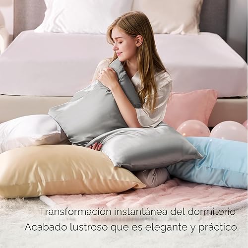 Vista 9 de Bedsure - Juego de 2 fundas de almohada de satén 06 - negro