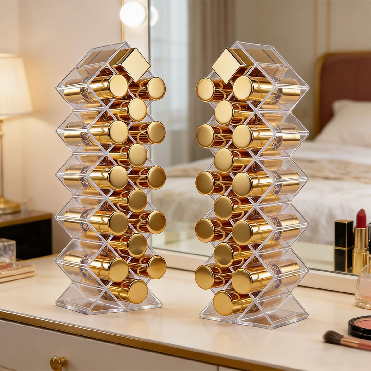 2 Piezas Organizador de Pintalabios,Transparente Soporte para Ranura para Brillo Labios de 32 Compartimentos,Soporte de Lápiz Labial Caja Almacenamiento de Cosméticos para Baño, Tocador