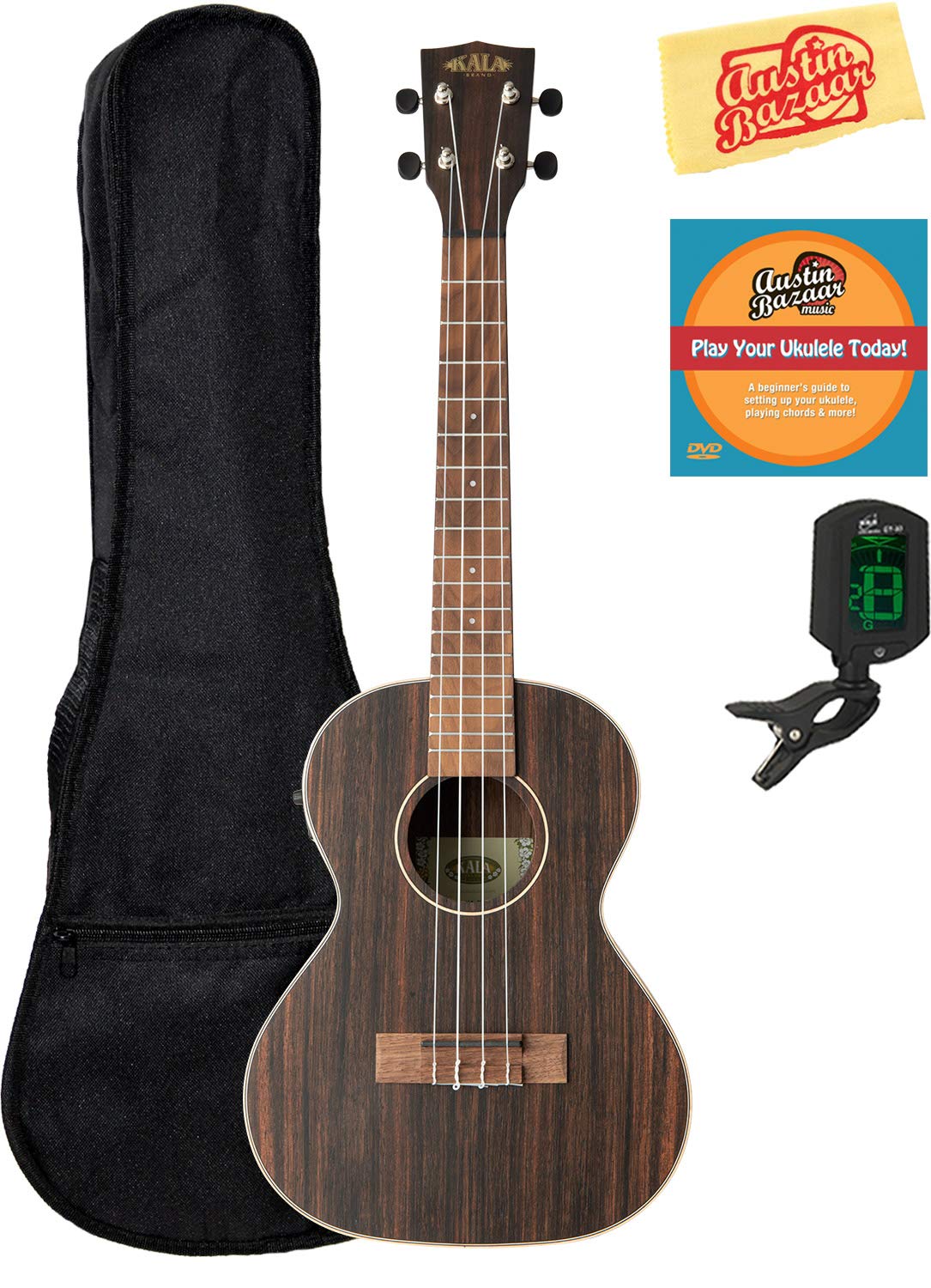 KalaKA-EBY Striped Ebony Acoustic-Electric Ukulele Bundles Tenor w/ Electronics black KA-EBY-TE-COMBO-STD