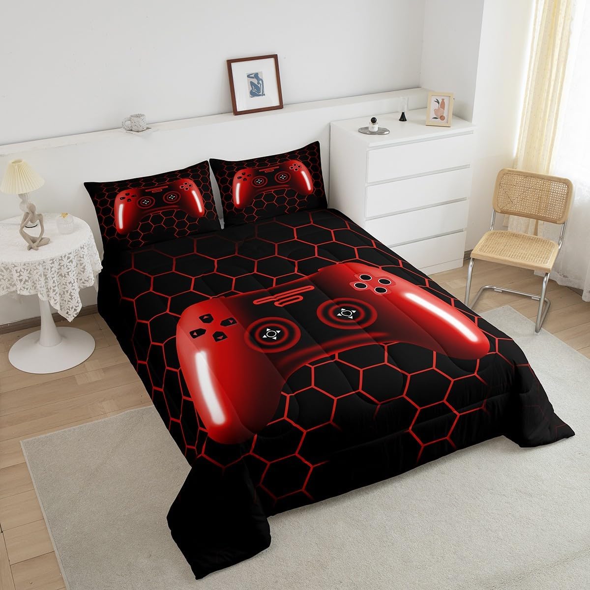 Erosebridal King Bed Comforter Sets for Boys Kids Red Gaming Bedding Set Cool Gamer Bedding Comforter Sets Black Honeycomb Geometric Game Comforter Red Black Ombre Video Game Bed Set 2 Pillow Cases