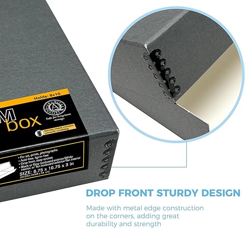 Vista 113 de Lineco, Caja de almacenamiento de archivos de museo de color tostado de 9 x 12 pulgadas, diseño frontal caído. Sin ácidos con borde de metal.