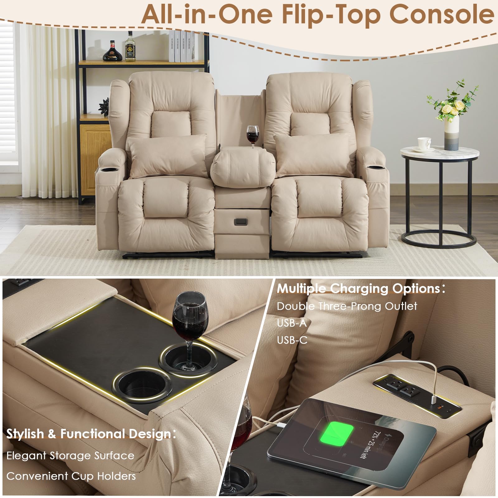 SAMERY Zweisitzer Relaxsessel mit Liegefunktion, 2er-Fernsehsessel Kinosessel 2 Sitzer TV Sessel Heimkino Sitze mit klappbare Mittelkonsole, 4 Getränkehalter (Beige, 172 cm Zweisitzer)