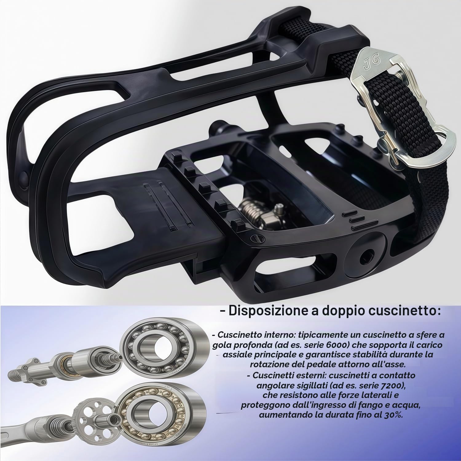 YBEKI SPD - Pedali ibridi [2 in 1] - Pedale a scatto e piattaforma con gabbia/cinghia | Compatibile con Shimano SPD | Asse 9/16" per biciclette indoor, spinning, cyclette