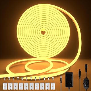 16.4ft Neon LED Strip Light, Cozylady Warm White Waterproof Rope Light with Power Supply and Dimmer Controller, 5m Flexible DIY Silicone 24V LED Neon Rope Light for Kitchen Indoor 