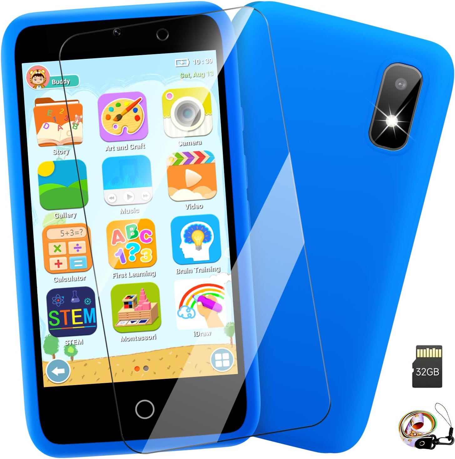 MINIBEAR Kids Toy Smartphone, 3.97" Toddler Dual Camera Learning Toys, 201+ Educational Games Play Phone No WiFi for Girls Boys 3-12 Christmas Birthday Gifts with 32g SD Card (Blue)