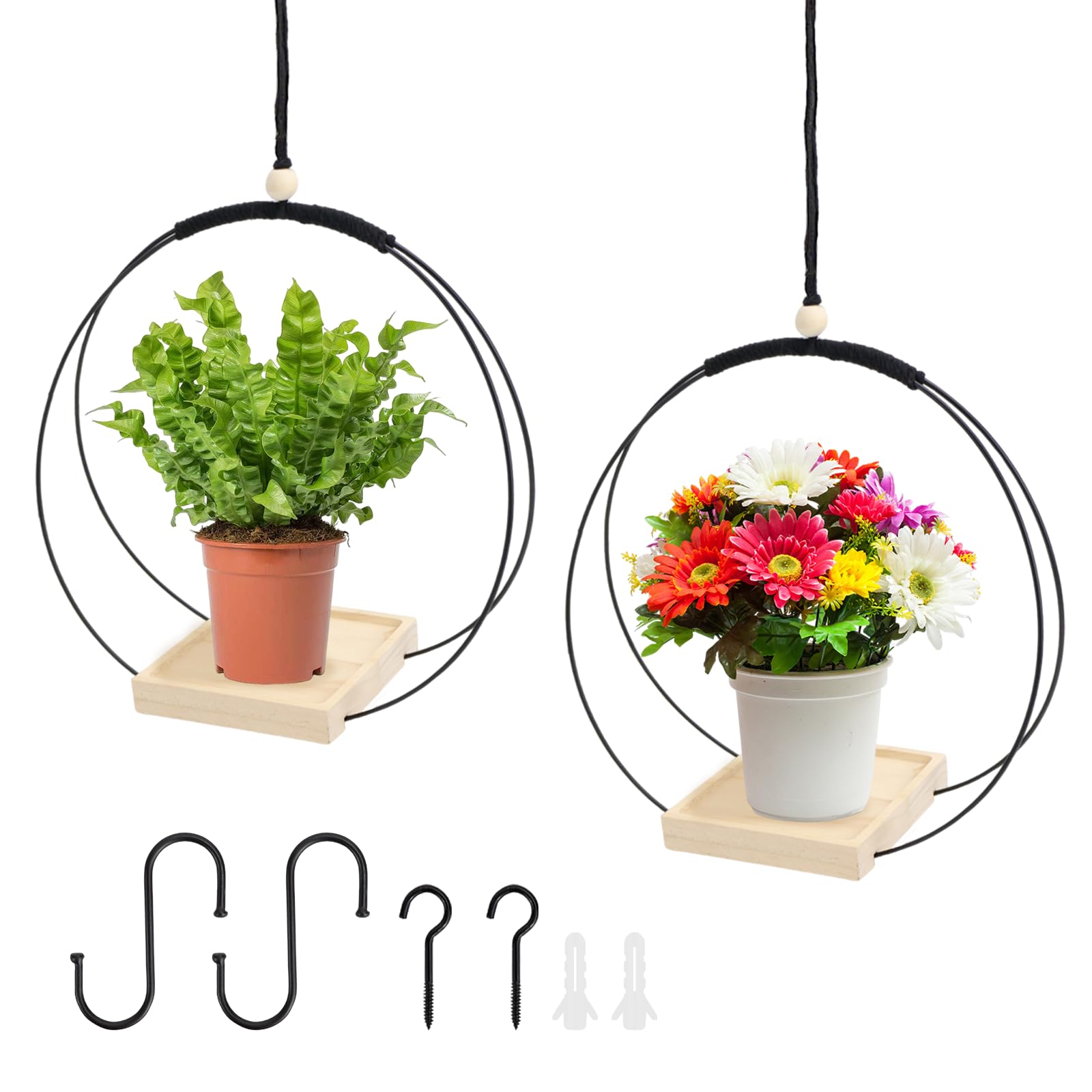 2 Hängeblumentöpfe Mit Holzsockel - Blumenampel Set Für Decke & Wand