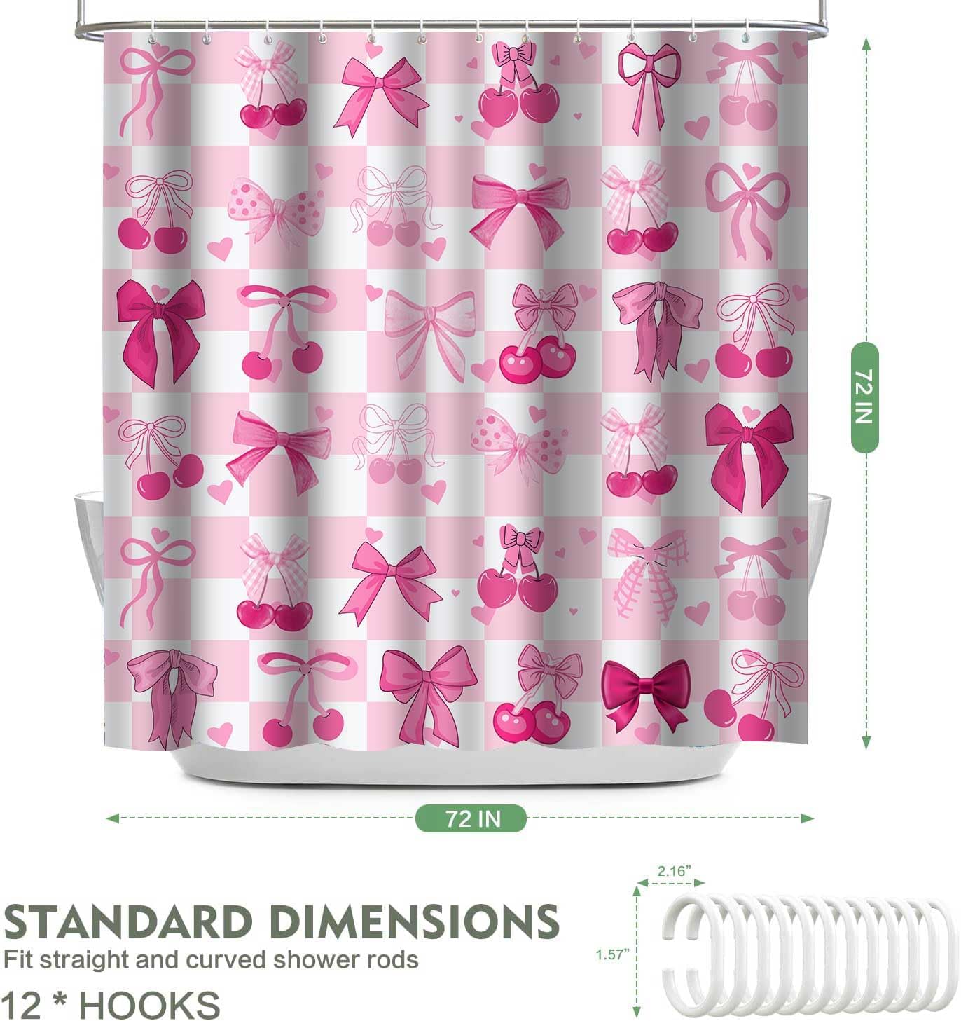 Pink Bow Shower Curtain, 72x72inch, Pink White Checkered Bow Tie Cherry Shower Curtain Sets Cute Pink Bowknot Women Girls Aesthetic Bathroom Shower Curtains Decor Set with 12 Hooks YLGJTP1