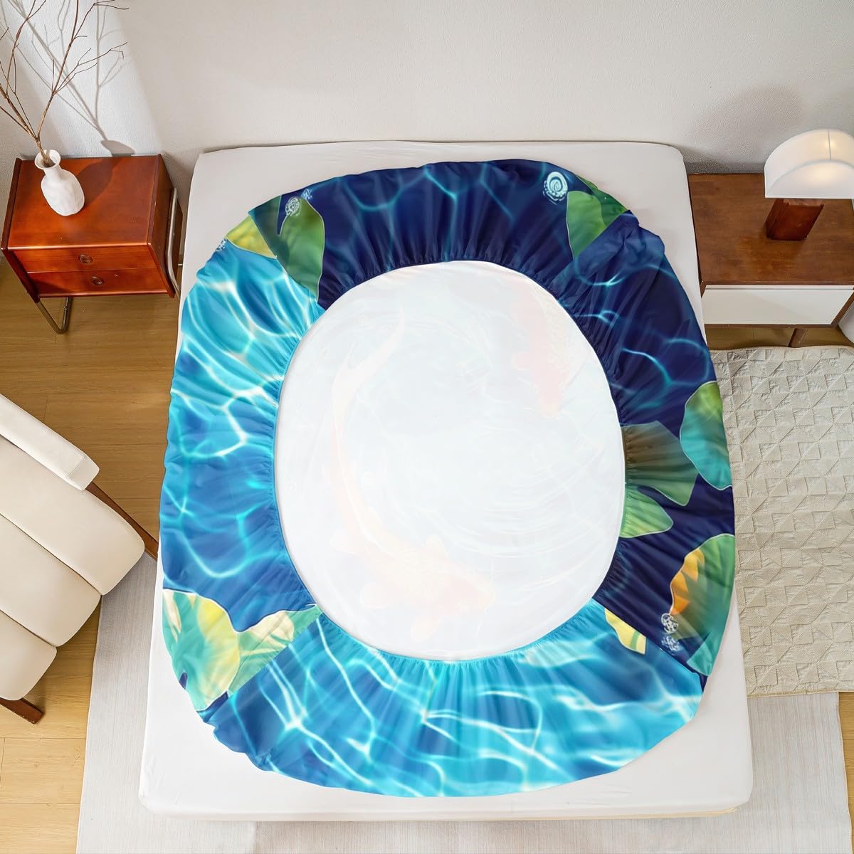 Red Fish Fitted Sheets Full Size,Tai Chi Carp Bedding Set 3Pcs for Kids Teens Adult Room Decor,3D Lotus Pond Deep Pocket Sheet Nature Animals Plants (No Flat Sheet),2 Pillowcases