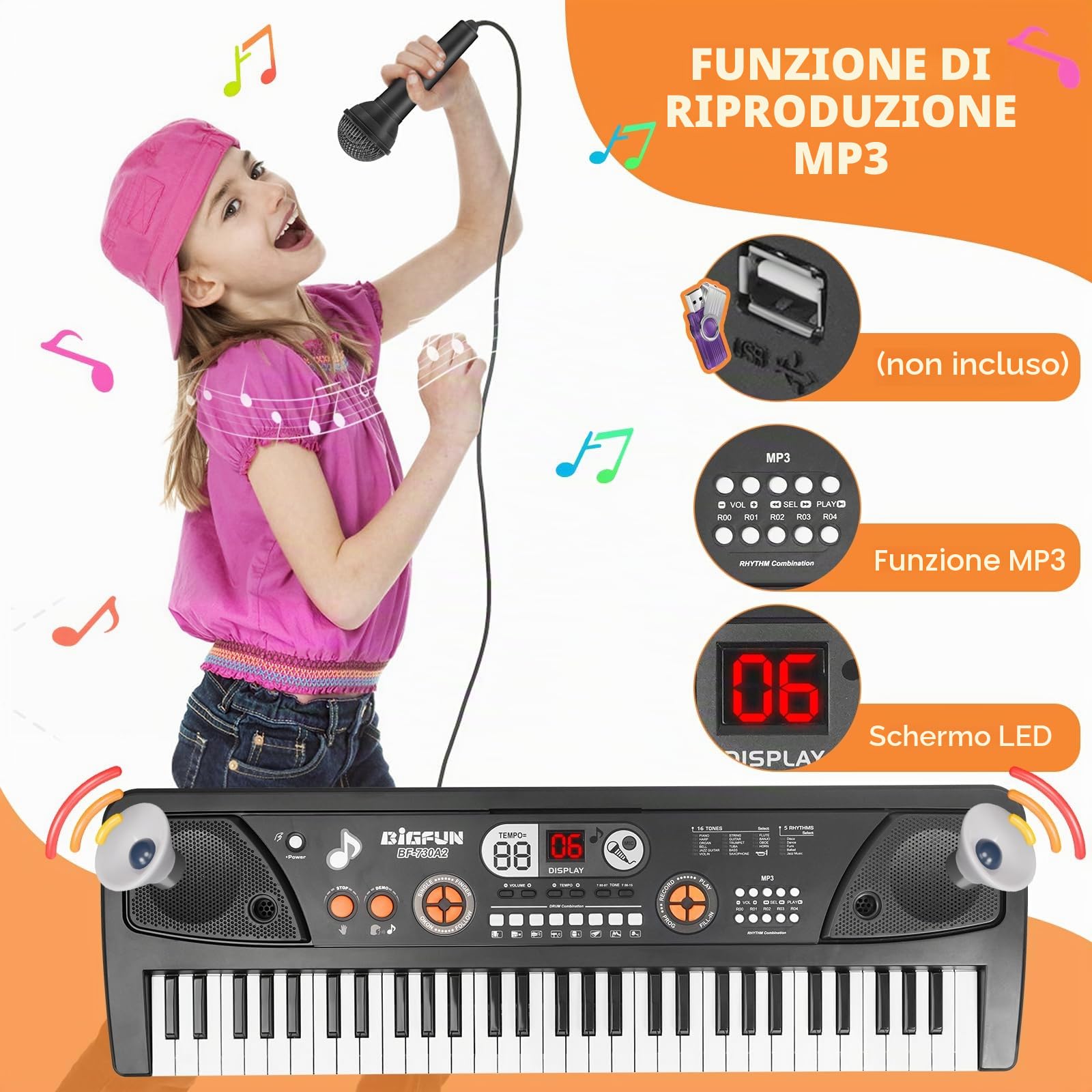 61 Tasti Pianoforte Tastiera per Bambini Principianti Elettronica Pianoforte con Schermo LCD Microfono Musicale Giocattolo per Ragazze e Ragazzi di 3 4 5 6 7 8 Anni Regalo