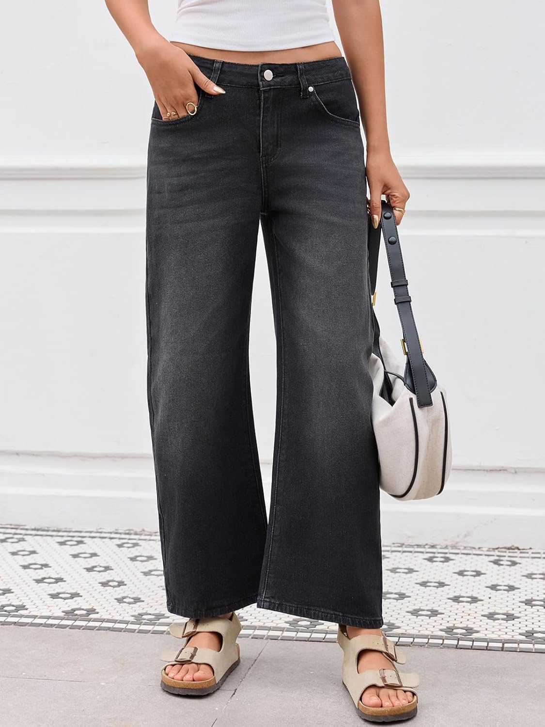 Mid Rise Barrel Jeans for Women Trendy Boyfriend Stretchy Baggy Cropped Denim Pants with Pockets - Image 5