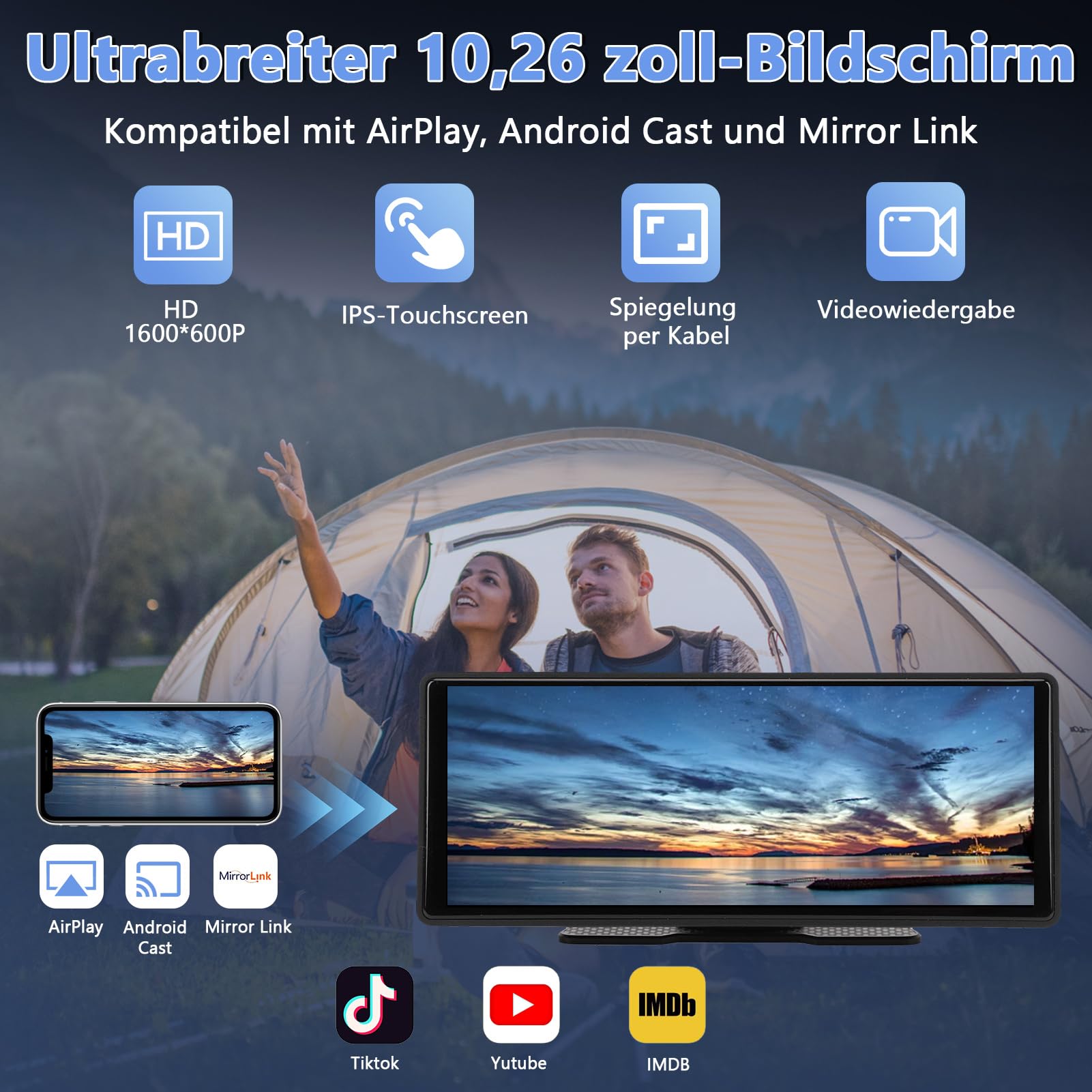 10,26 Zoll IPS Touchscreen Wireless CarPlay & Android Auto, 1080P HD Tragbares Autoradio mit WLAN, Bluetooth, Sprachsteuerung, AUX/FM Übertragung, Navigationssystem für Auto, LKW, Wohnmobil
