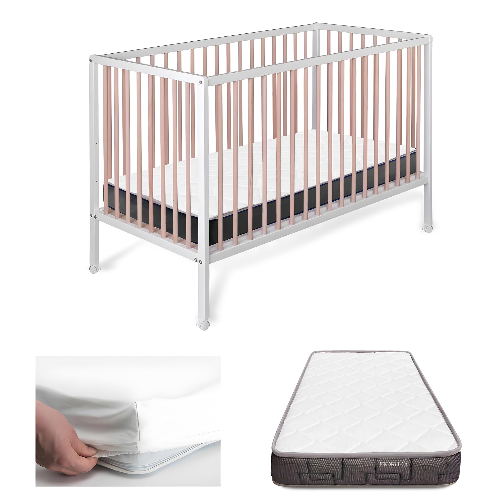 Cuna de Bebé Laponia Estilo Nórdico Color Natural 120x60 cm, de Madera de Haya, con Colchón Morfeo y Funda Impermeable CoolDreams