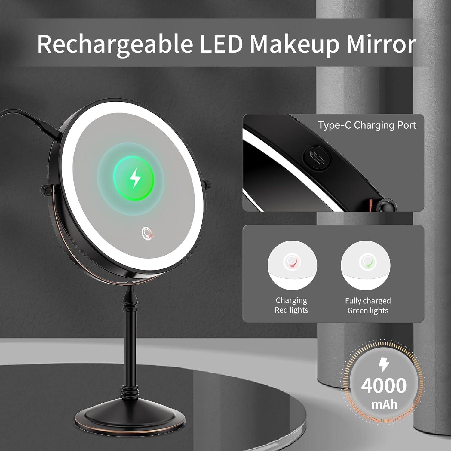 Nicesail Rechargeable Makeup Mirror with Lights and Magnification 10X, 3 Color LED Lights, Cordless Lighted Vanity Desk Mirror with Lights, Light up Magnifying Tabletop 360 Rotation Oil Rubbed Bronze - Image 6