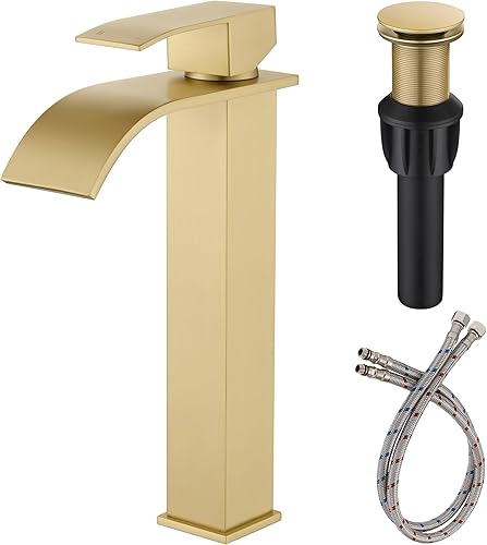 JXMMP - Grifo de lavabo cromado para lavabo de baño, cascada, de un solo agujero, con manguera de suministro y drenaje desplegable sin