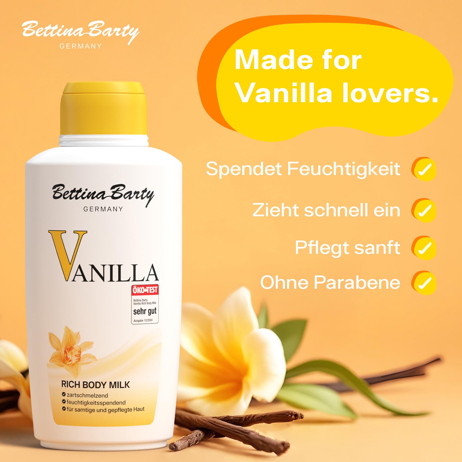 Bettina Barty Vanilla Rich Body Milk 12 x 500 ml – Körpermilch mit Vanilleduft – Feuchtigkeitsspendende Pflege für trockene Haut – Mit schnell einziehender Formel