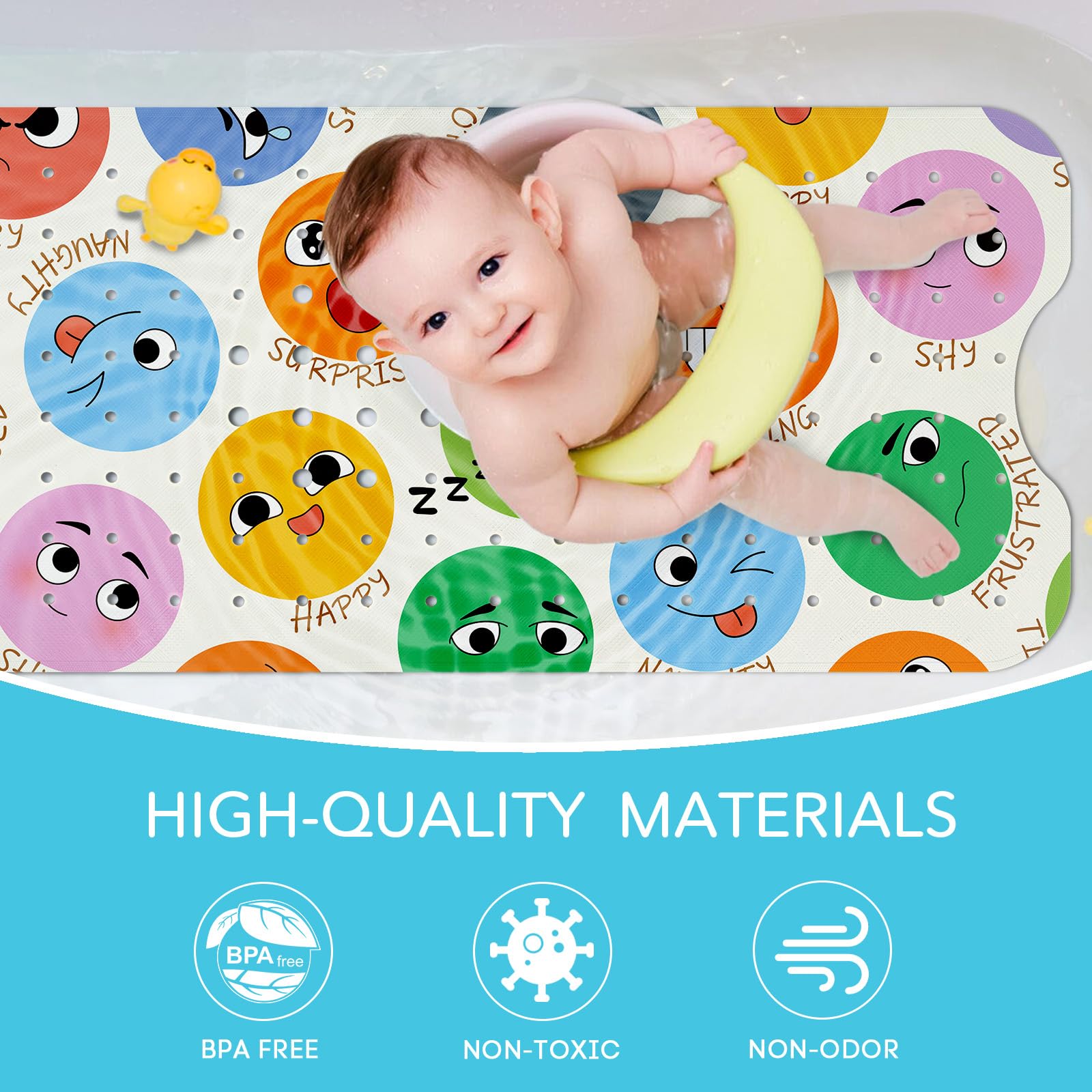 SHUCHING Tapis de Bain Antiderapant Enfant, Tapis Baignoire Bebe Antidérapant 100 X 40 cm, sans BPA Lavable en Machine et Résistant à la Moisissure, Expression Faciale