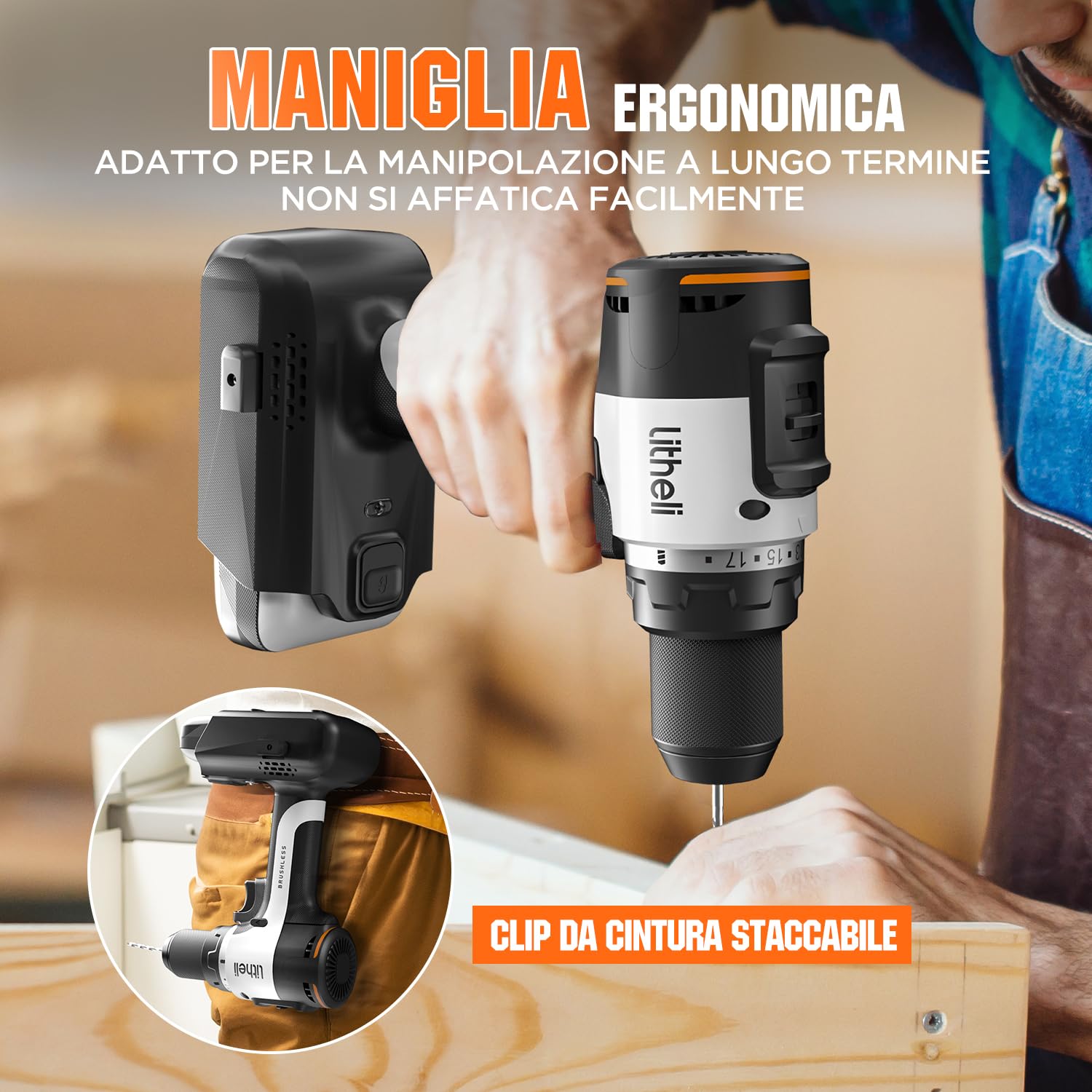 Litheli Trapano Avvitatore a Batteria 20V, 10000mAh Li-ion, Trapano Avvitatore 60 Nm, 17+1 Coppie Avvitatore Elettrico, 2 Livelli di Velocità e Luce a LED