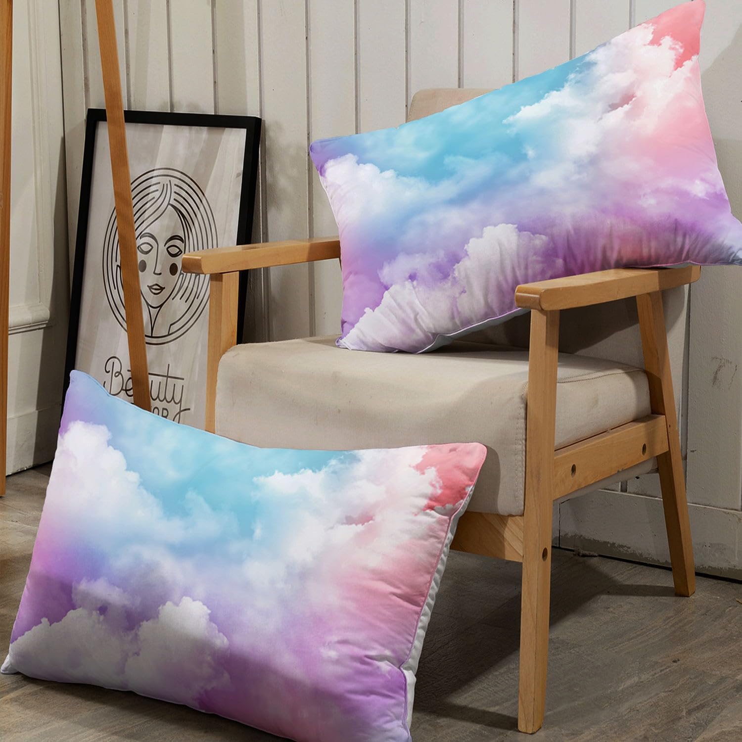 Cloud Queen 4Pcs Kids Bedding Set - Pink Blue Cloud Sky Sheets Set with 1 Flat Sheet, 1 Fitted Sheet & 2 Pillowcases