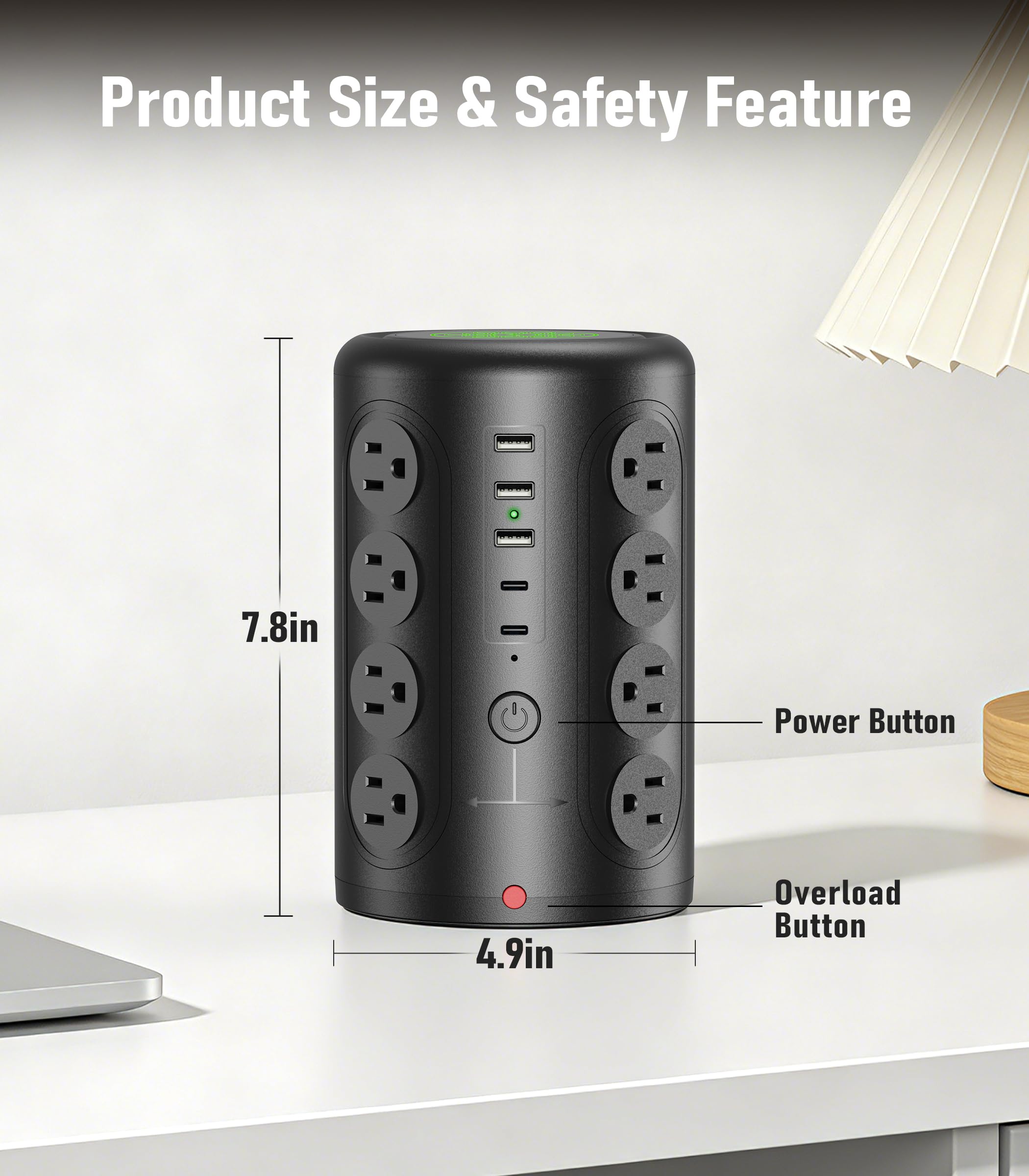 TenTrend Protezione da sovratensione a torre, 16 prese e 5 porte USB (2 USB-C), stazione di ricarica da 2000 joule, cavo di prolunga piatto da 3 m, per casa, ufficio