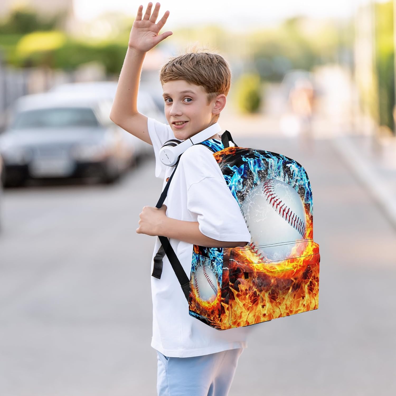 3PCS Baseball Backpack Set for Boys, Large Lightweight 17 Inch Backpack with Lunch Bag & Pencil Case for Kids, Back to School Cool Sports Bookbag for Elementary Middle School -Fire