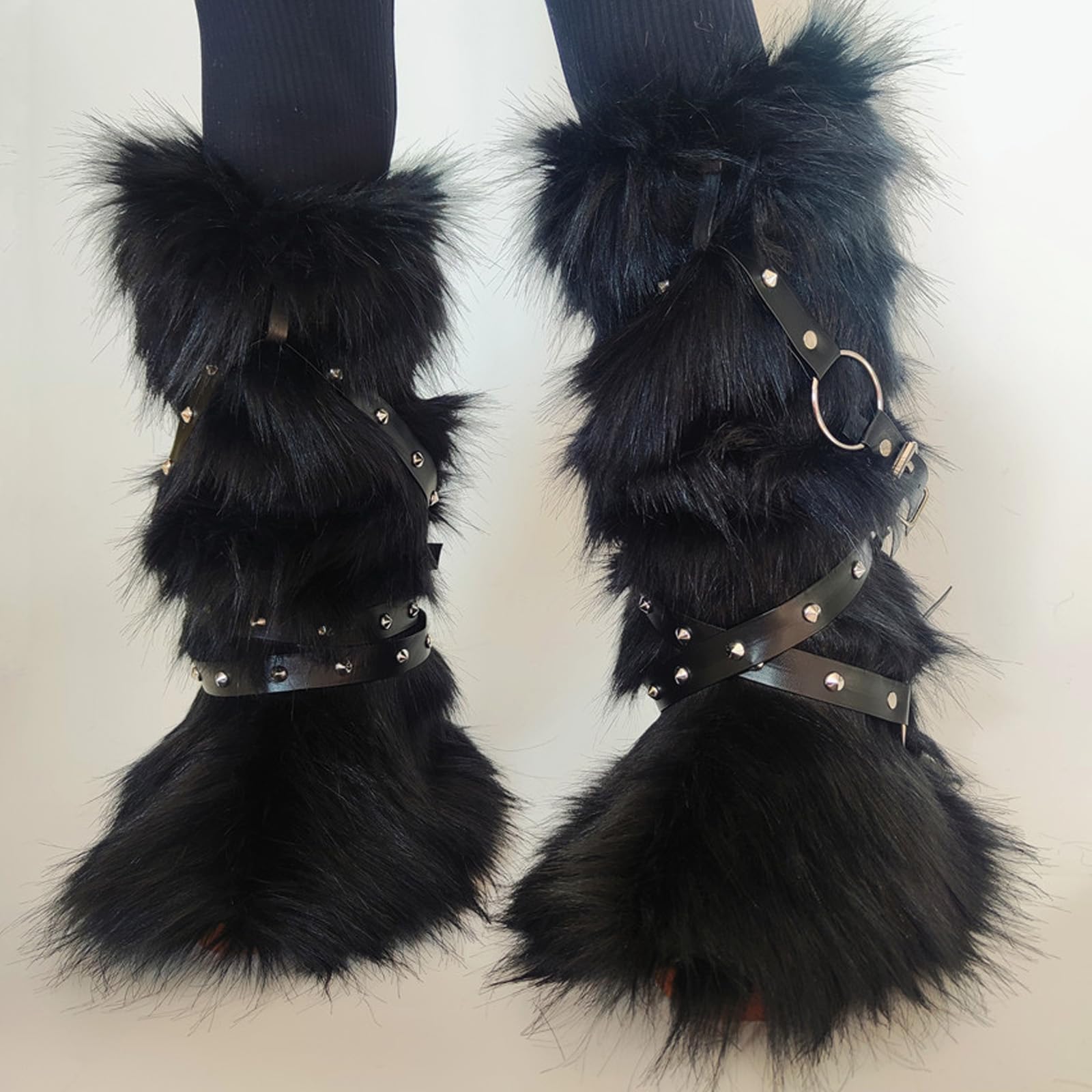 Calentadores de piernas de piel sintética para mujer, remache punk, arnés de piernas, mullido, fundas de botas de nieve, calcetines para fiestas e informales