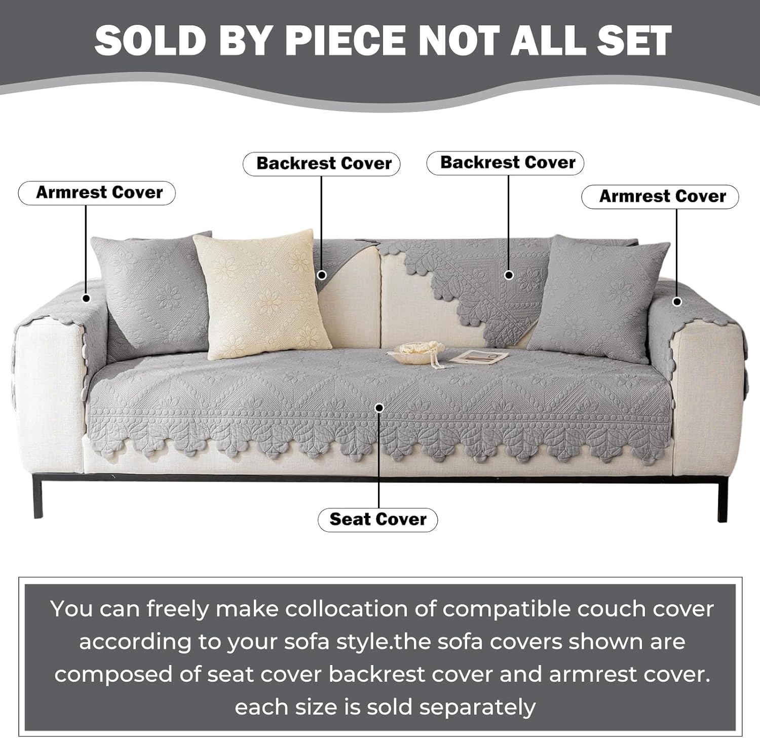 Cotton Quilted Dog Couch Cover for Sofa Farmhouse Rustic Embroidery Sectional Couch Cover Soft Anti-Slip Sofa Slipcover Furniture Protector for Kids, Pets (Grey,28"x35")