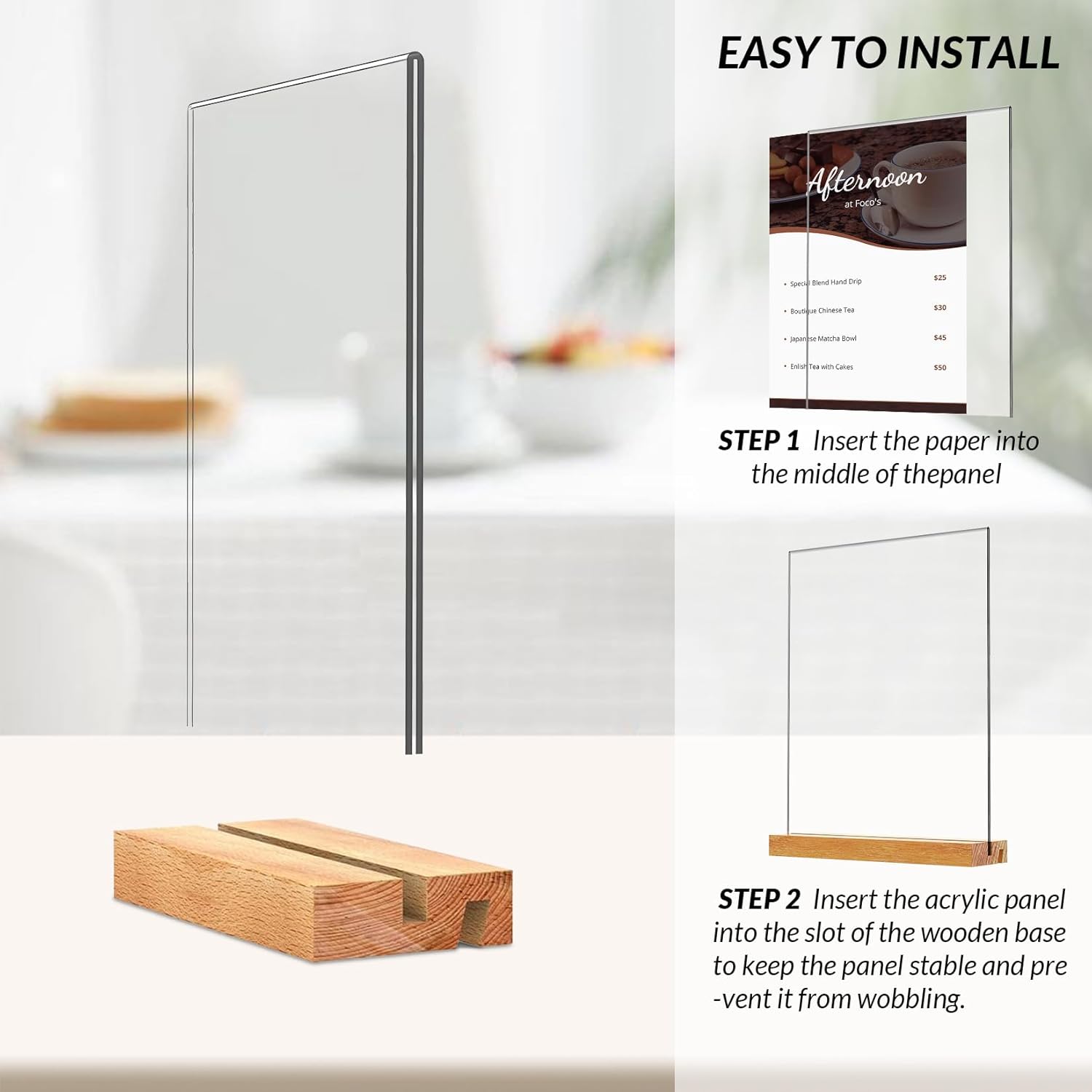 Garvee 6 Pack Acrylic Sign Holder with Wood Base, 8.5x11 Inch Vertical or Slant Back Display Sign Stand for Wedding, Restaurant, Store, Office, Hotel, Menu Stand - Easy Assembly