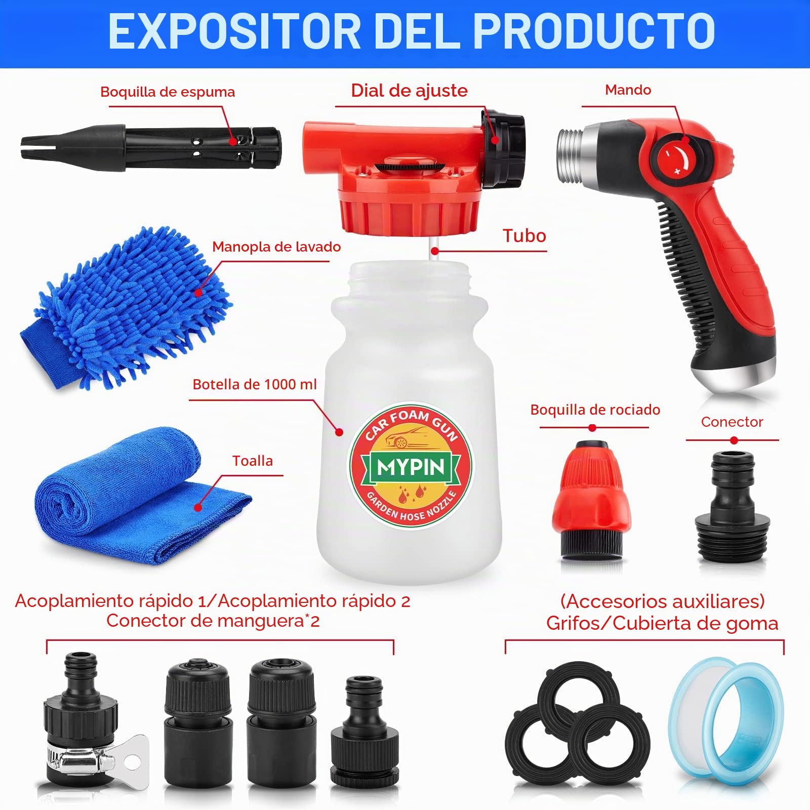 Lanza de Espuma de Nieve, 1000 ml Pistola Coche Cañón Con 2,5 a 6 Barras, Blaster, Boquillas, Manopla de Lavado y Toalla Para Limpieza de Automóviles, Casas y Jardines