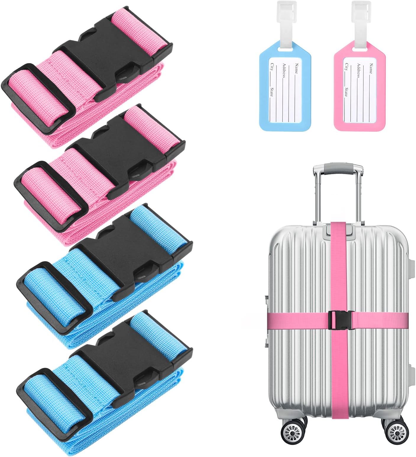 Flintronic 4 Pcs Luggage Straps with Luggage Tags, Adjustable Packing Belts for Suitcases Security Non-Slip Travel Belt Travel Accessories(Pink/Blue)