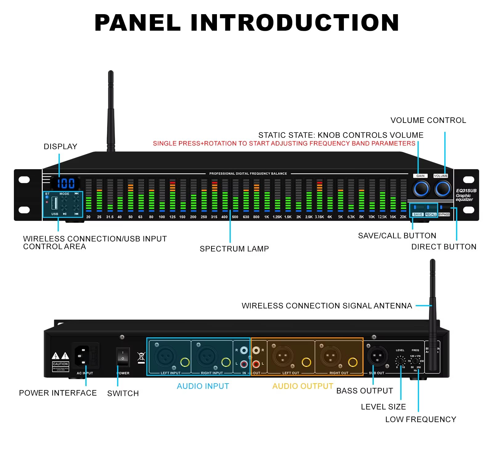 Ecualizador Audio para el hogar, Ecualizador Digital EQ Reducción de Ruido, Ecualizador gráfico estéreo Pantalla de frecuencia en Tiempo Real 31 Bandas para Ktv, Indicador de Espectro LED