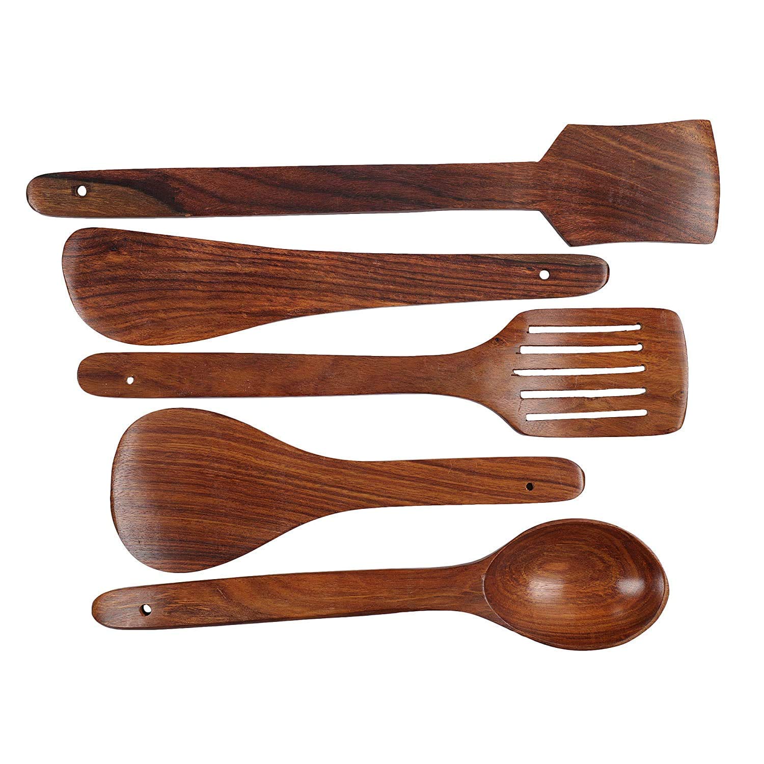Kingsman Store Handmade Wooden Non Stick Serving Cooking Spoon Spatulla Kitchen Tools Utensil, Set of 5 (Laddle, Turner, Flipper, Dosa, Butter) sheesham Wood, Size Large (Dark Brown)