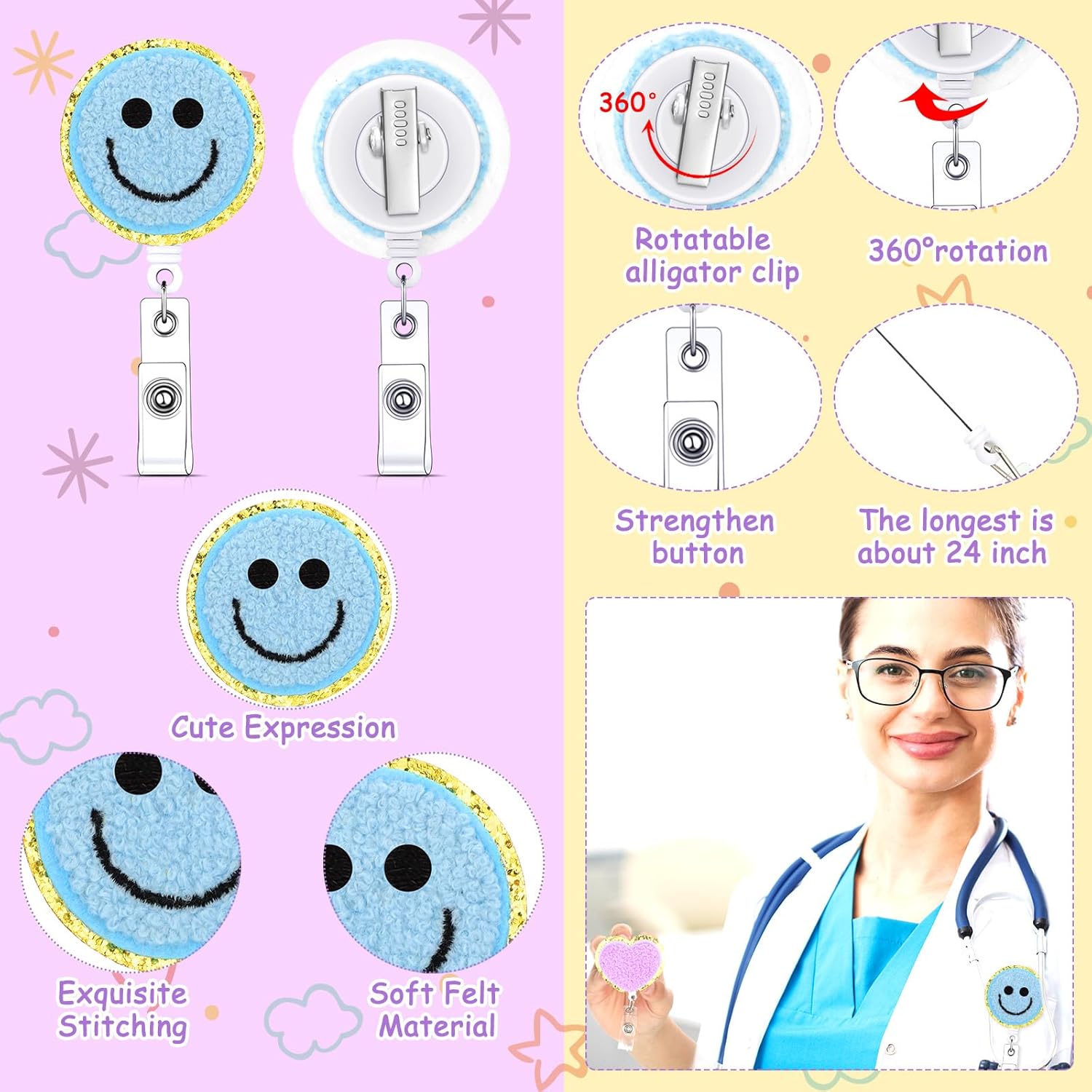 Woanger 8 Pcs Cute Badge Reel Retractable Flower Smile Cloud Heart Badge Holder Felt Name ID Accessories with 360 Degree Swivel Alligator Clip for Office School Hospital Nurse Doctors Teachers Favor - Image 4