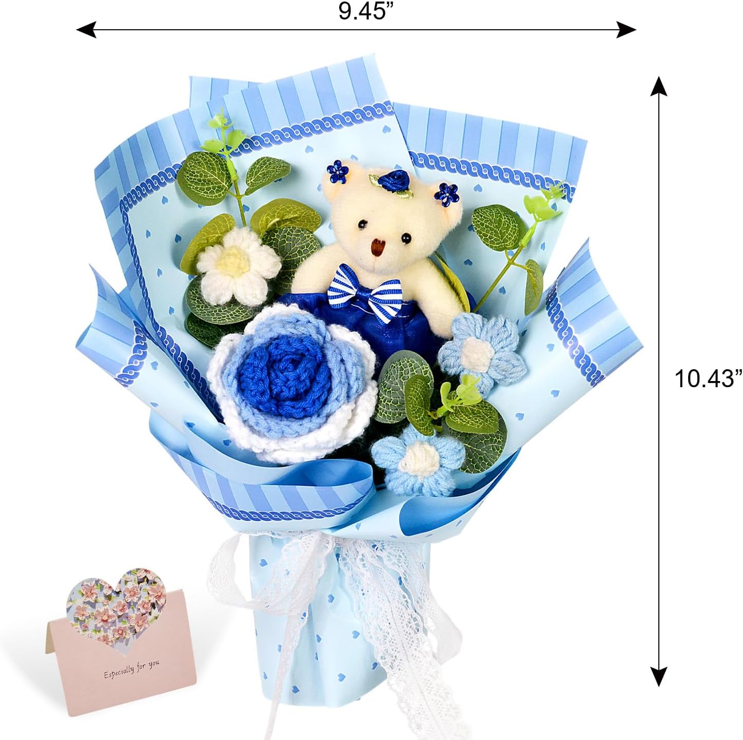 Crochet Flowers Bouquet - Crochet Rose Daisies Knitted Flowers Bouquet with Bear for Mother's Day Father's Day Graduation Birthday Gifts Home Décor Blue - Image 3