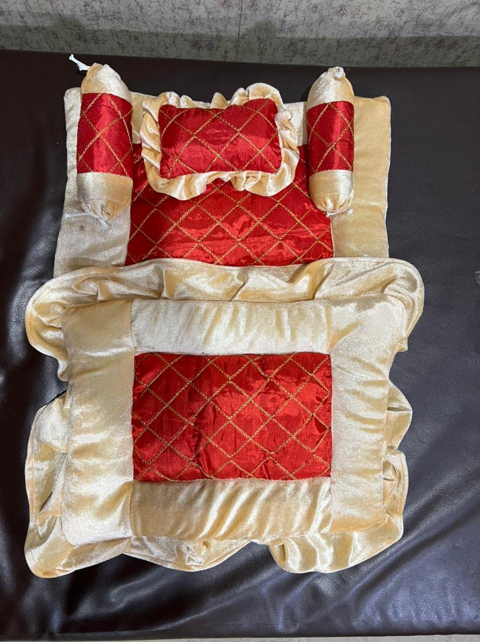 Blenzza Deco Bedding Set for Laddu Gopal Ji/Krishna/Kanhaji/Thakurji - Rajai & Mattress Set Blanket with 2 Pillow / 1 Booster [ Cream ]