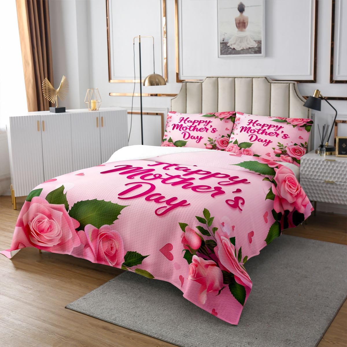 jejeloiu Mother's Day Bedspread 3 Pieces King Size Carnation Floral Coverlet Set Soft Cozy Pink Flower Lightweight Quilted Coverlet for All Season with 2 Pillowcases