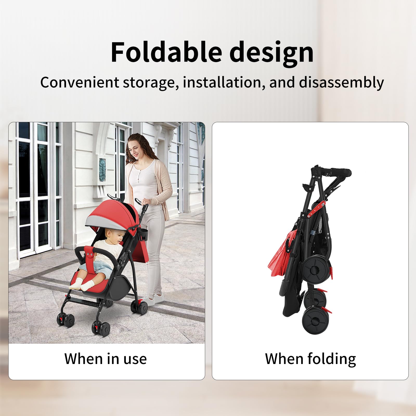 OHMG Passeggino a canna compatto Ingenious,Passeggini a 4 ruote,Passeggini cittadini,da 0 a 4 anni,Seduta o sdraiata,Maniglia regolabile,Carrozzina a 4 ruote con tappetino in cotone e zanzariera
