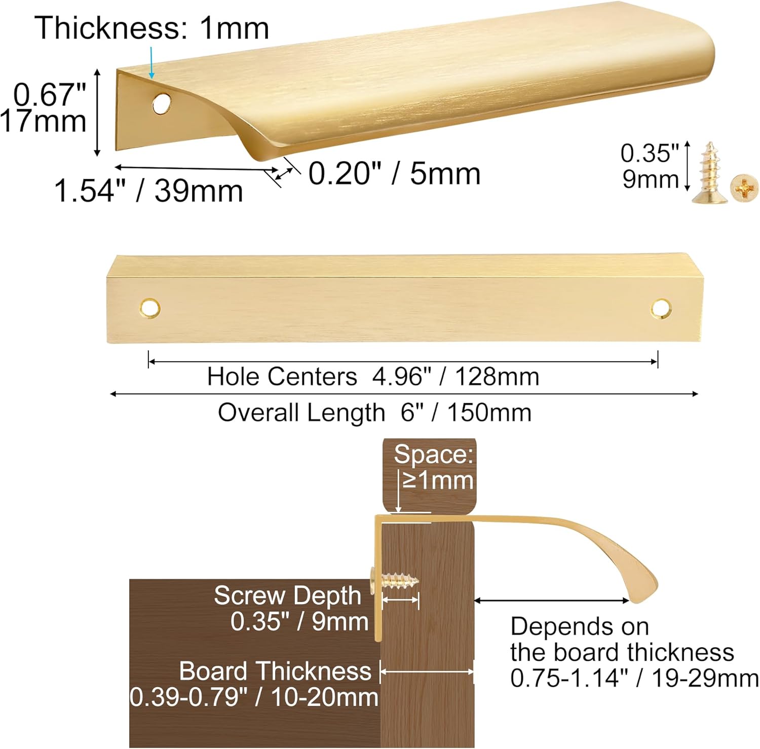 Malimali 10 Pack Gold Edge Finger Pulls for Cabinets 6" Kitchen Cabinet Pulls Handles Drawer Pulls Modern Aluminum Concealed Tab Pulls for Closet Door, Brushed Brass
