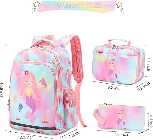 Miniatura 7 de Mochilas para niñas, mochila de sirena con bolsa de almuerzo, caja de lápices para niños, mochila preescolar, juego de mochila para jardín de