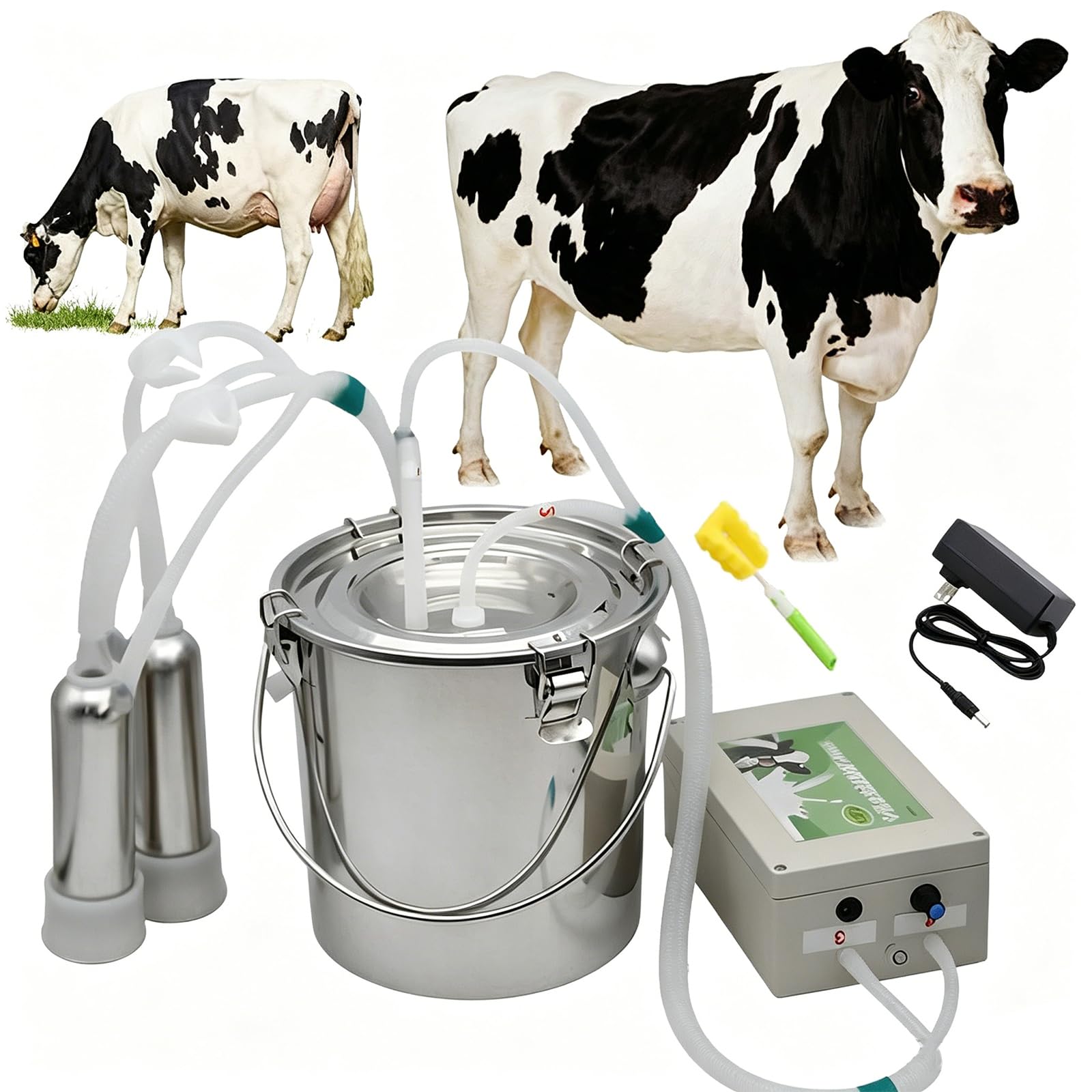 Ordeñadora eléctrica portátil de vacas con parada automática, sistema de pulsación de acero inoxidable de 14 L para ordeñar vacas y ovejas, incluye tubo de silicona