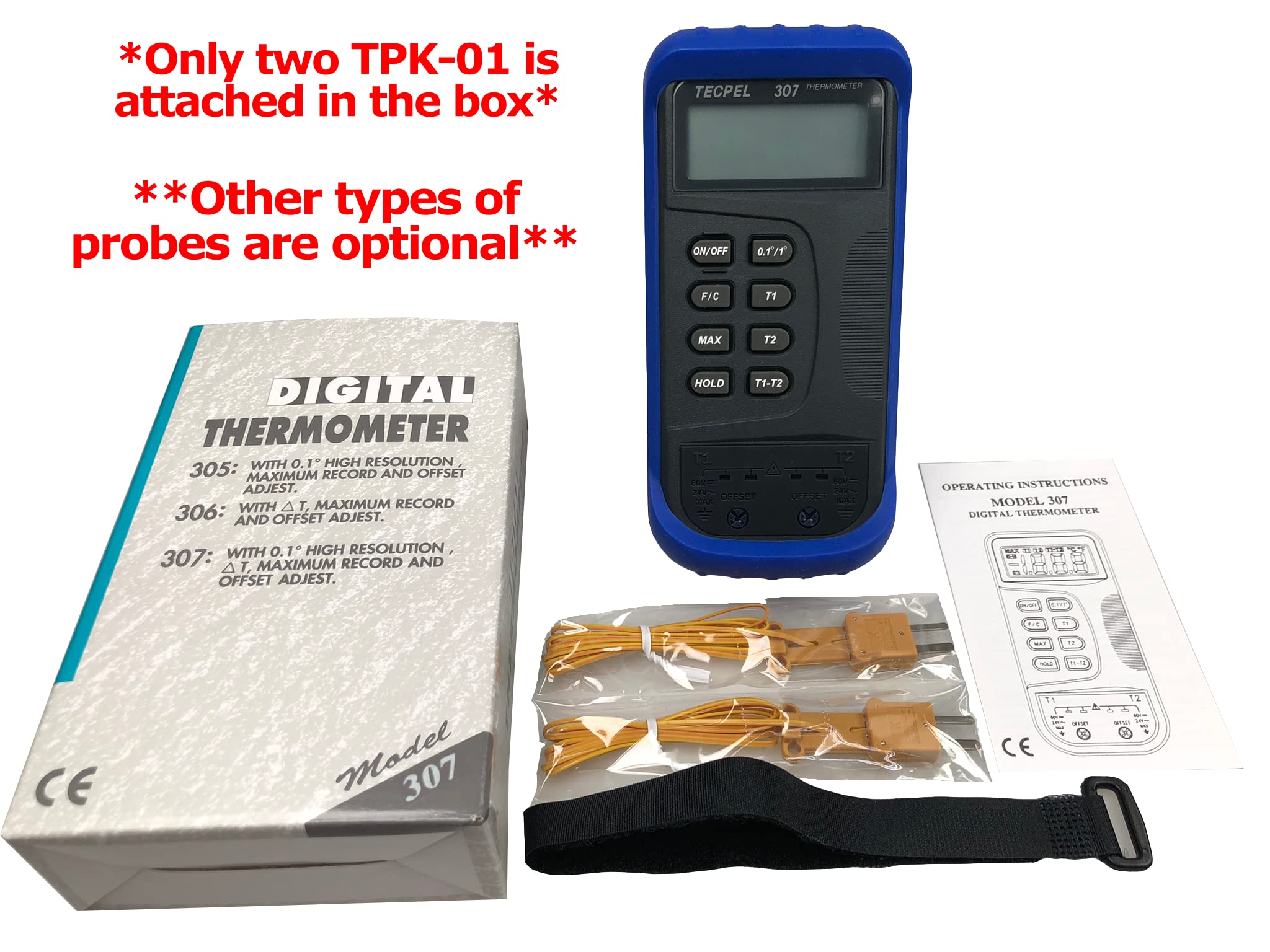 TECPEL Termometro digitale DTM-307 con 2 tipo k sonda sensore termocoppia